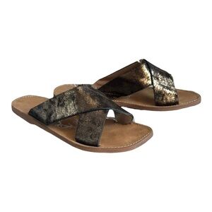 Very G Brown Metallic Shimmer Crisscross Slide Sandals Size 7 Faux Leather Flats